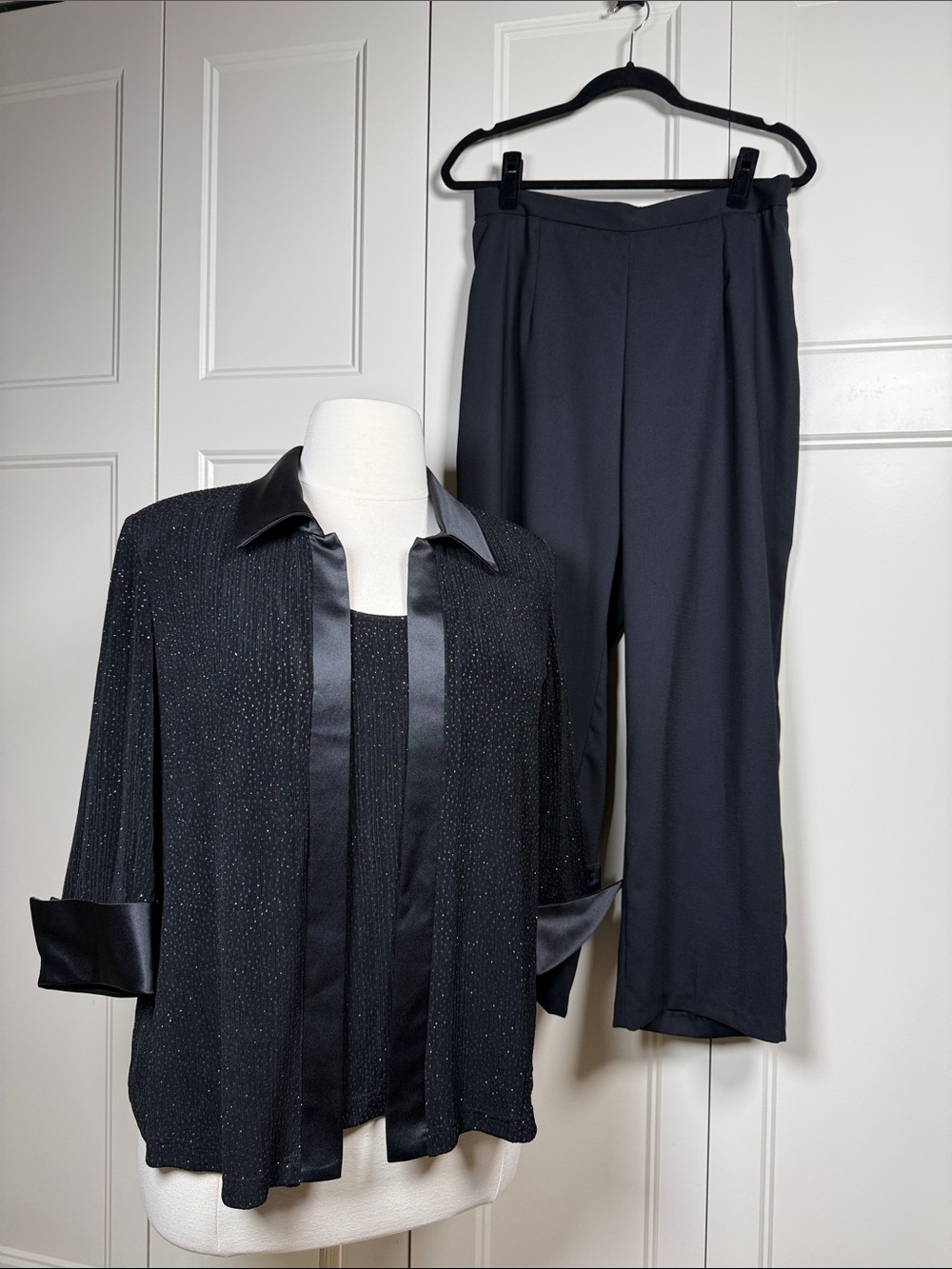 R&M Richards Black Sparkle Pantsuit Set with Black Straight-Leg Pants 14WP